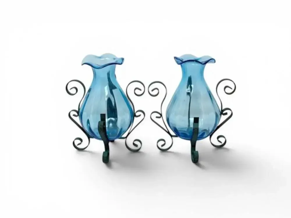 Set of 2 Vintage Blue Blown Glass Vases with Wrought Iron Scroll Stands